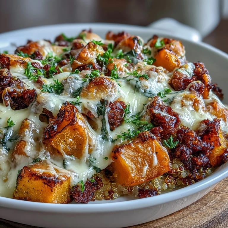 2. Herzhafter Butternusskürbis- und Wurst-Auflauf mit Quinoa, goldbraunem Käsetopping und aromatischen Kräutern.  