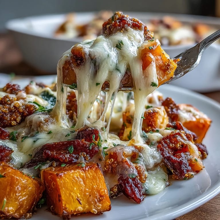 3. Ofengericht mit Butternusskürbis, italienischer Wurst und Quinoa, serviert mit geschmolzenem Mozzarella und Parmesan.