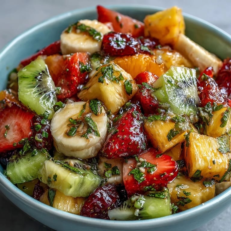 3. Bunter Obstsalat mit Kiwi, Banane und Erdbeeren, beträufelt mit frischem Minzlimettendressing.
