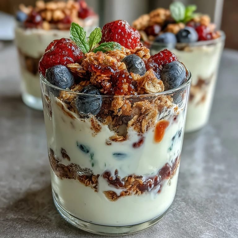 Frisches, cremiges griechisches Joghurt-Beeren-Parfait mit bunten Beeren und knusprigem Granola, ideal für einen gesunden Start in den Tag.