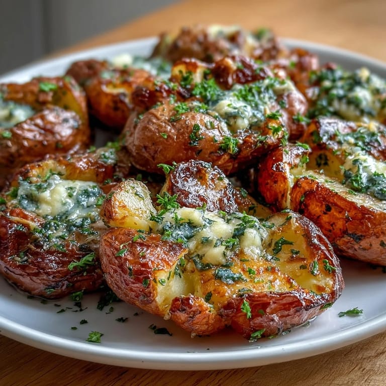Aromatische, zerdrückte Kartoffeln mit geröstetem Knoblauch, frischen Kräutern und goldbrauner Kruste.