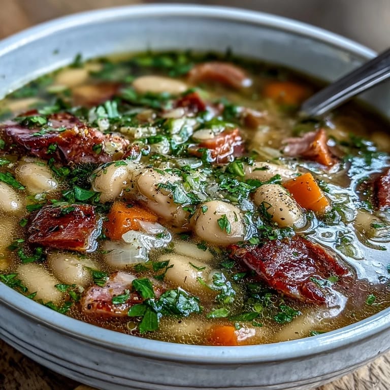 Ein herzhafter Teller mit weißen Bohnen, Schinken und Gemüse in einer dampfenden Suppe, perfekt für kalte Tage.