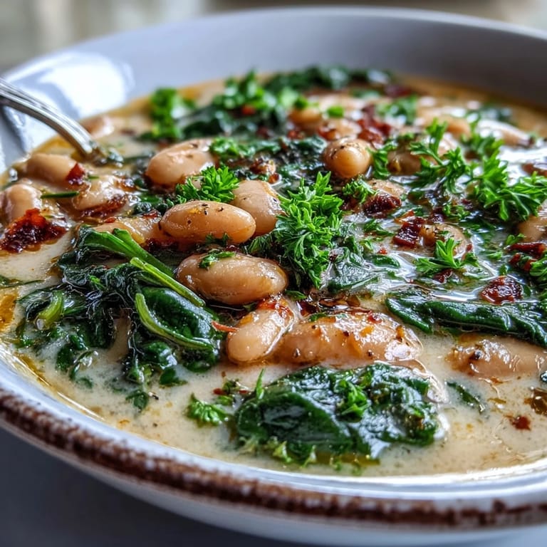 Cremige weiße Bohnen und zarter Spinat in duftender Kräuterbrühe, perfekt für kühle Abende.