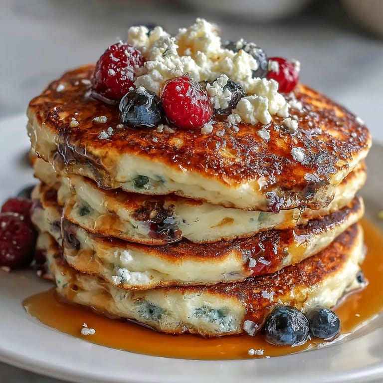 Goldbraune Cottage Cheese- und Beeren-Pfannkuchen, gefüllt mit saftigen Früchten und einem Hauch Vanille.