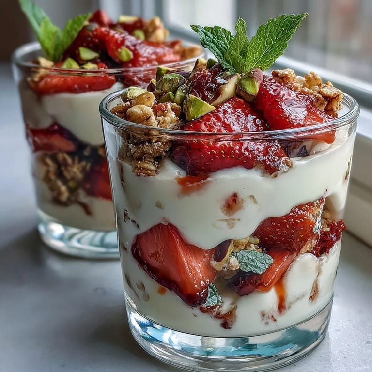 Verführerisches Pistazien- und Erdbeer-Parfait mit griechischem Joghurt, knusprigem Granola und fruchtigen Erdbeerscheiben.  