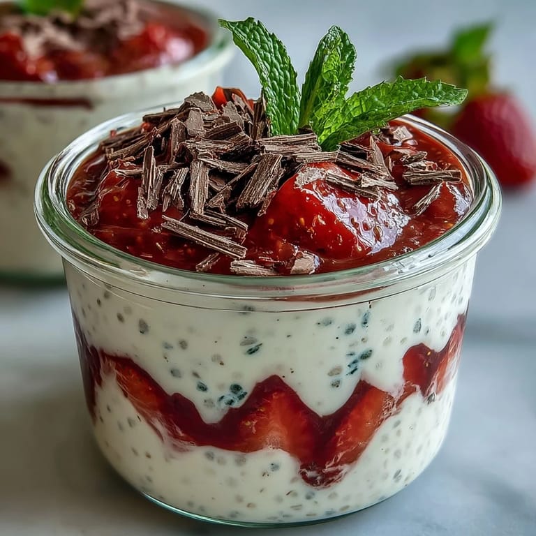 Cremiger Erdbeer-Joghurt-Chia-Pudding mit dunklen Schokoladenraspeln, eine erfrischende und nahrhafte Leckerei.