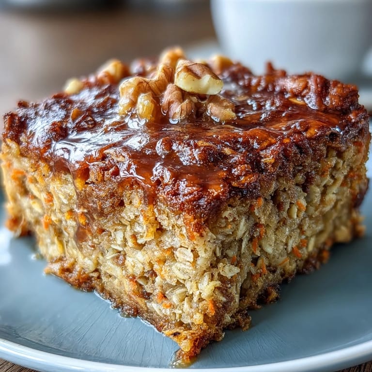 Wohlige Karottenkuchen-Haferflocken-Quadrate mit Ahornsirup gesüßt, perfekt für ein nahrhaftes Frühstück oder einen Snack.