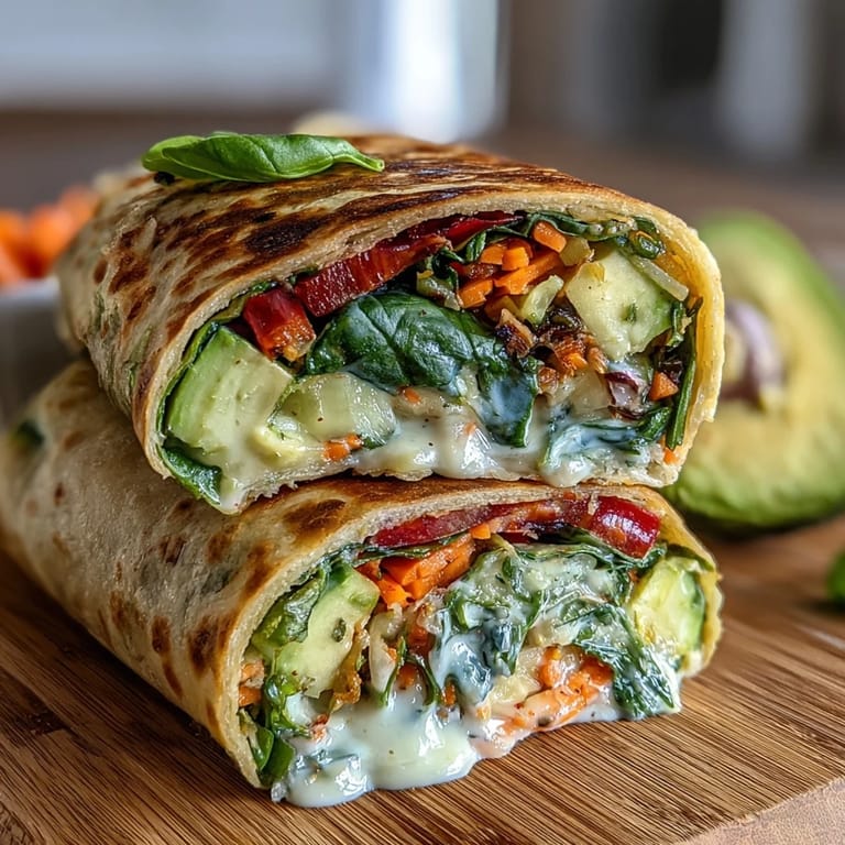 Knusprige Gemüse-Wraps gefüllt mit frischem Spinat, Karotten und Gurke, beträufelt mit sahniger Zitronen-Aioli.