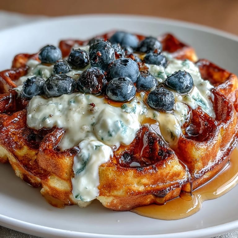 Goldbraune Waffeln voller frischer Blaubeeren und zitroniger Note, garniert mit Ahornsirup-Joghurt und extra Blaubeeren.