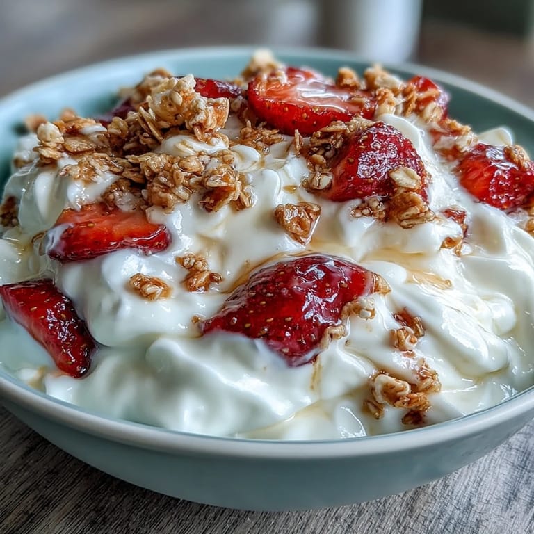 Leichtes und luftiges Joghurt-Frühstück mit Erdbeeren und knusprigem Granola - perfekt für einen nahrhaften Start in den Tag.