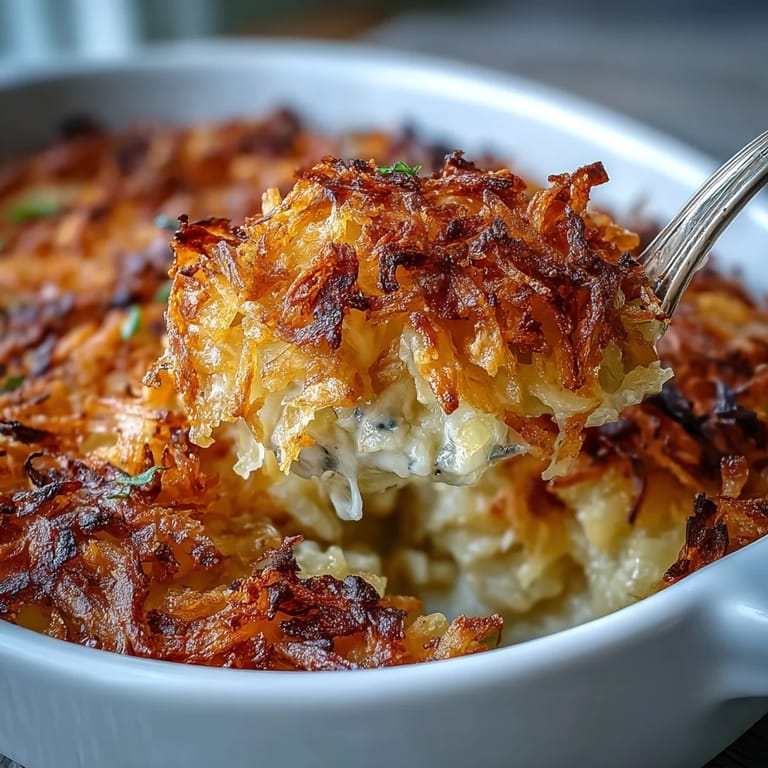 Herzhafte Hashbrown-Casserole mit geschmolzenem Käse und knuspriger Kartoffelkruste – perfekt für Potlucks.