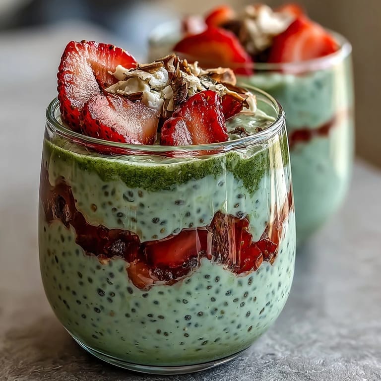 3. Cremige Matcha-Haferflocken mit frischen Erdbeeren, serviert in Schichten für ein farbenfrohes Frühstückserlebnis.