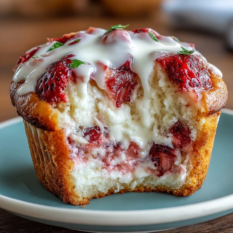 Goldbraune Erdbeer-Cremekäse-Muffins mit einer glatten Käsefüllung und knuspriger Zuckerkruste.