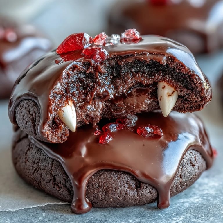 Spukige Schokoladenkekse mit leuchtend roten Vampirzähnen und schokoladiger Füllung, perfekt für festliche Herbstdesserts.