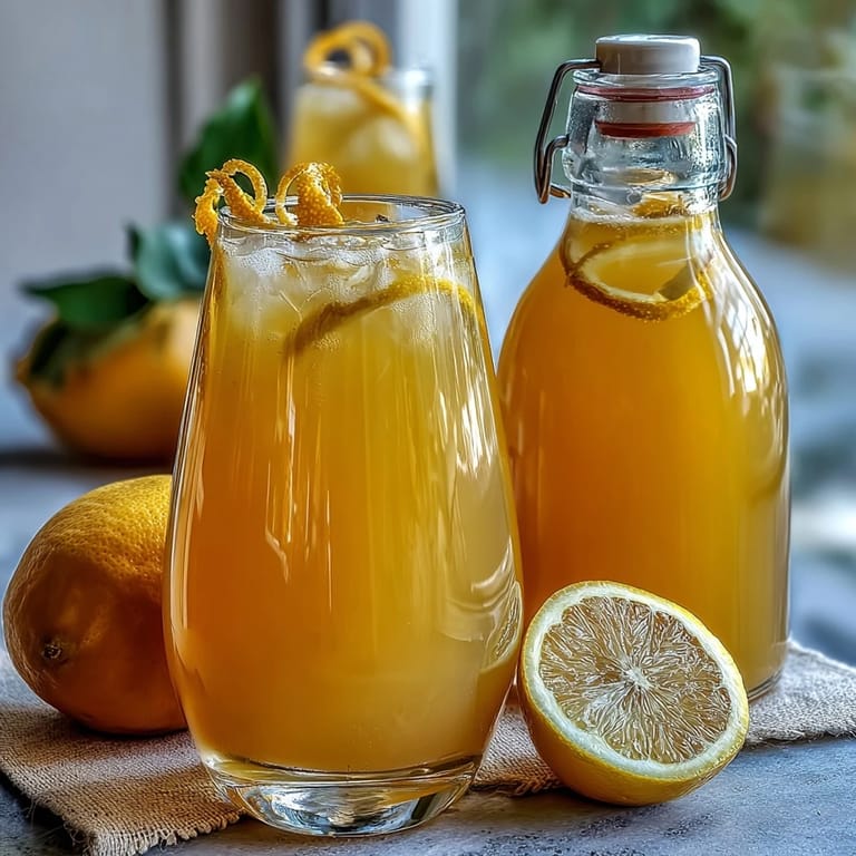Kübel mit hausgemachtem Limoncello und frischen Zitronen auf einem rustikalen Holztisch.