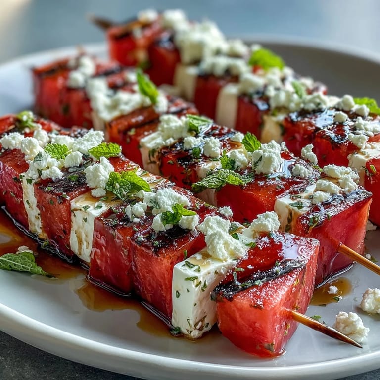 3. Mediterrane Party-Snack-Spieße mit süßer Wassermelone, salzigem Fetakäse und aromatischer Minze, gekühlt serviert.