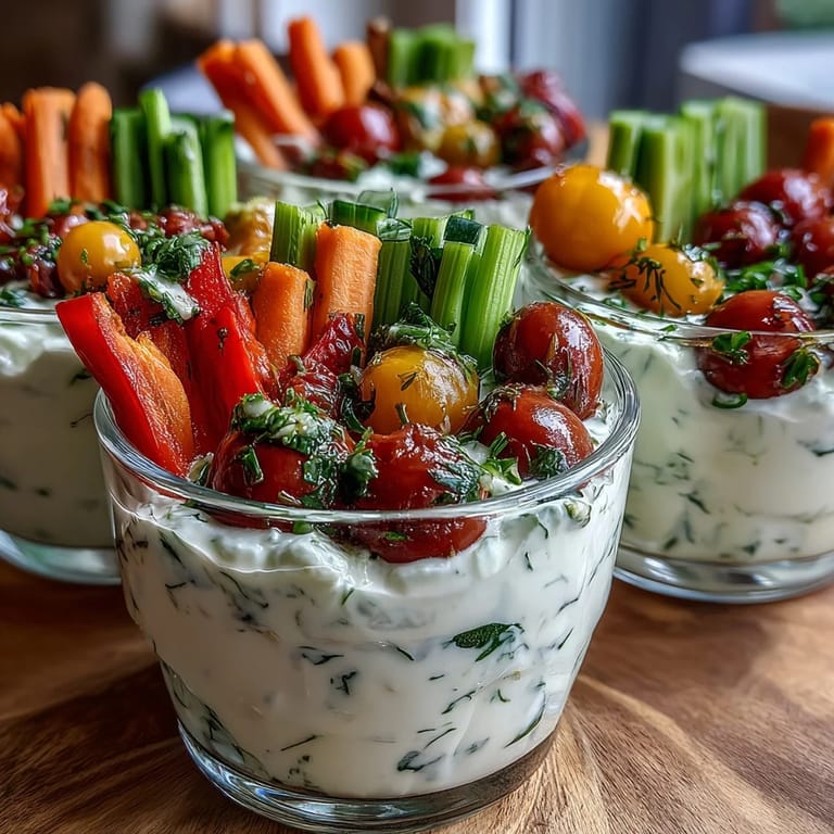 Knackige Gemüsesticks in klaren Tassen serviert mit säuerlichem Joghurt-Ranch-Dip – ideal für Partys oder Picknicks.