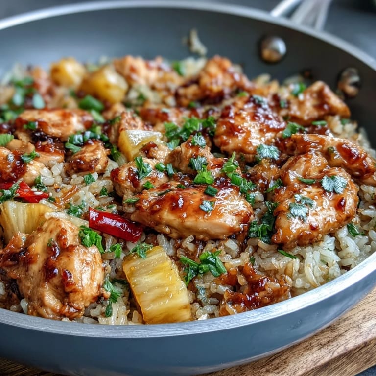 Ein Topf Ananas-Hähnchen-Reis mit Paprika, zartem Hähnchen, frischer Ananas und aromatischem Reis.