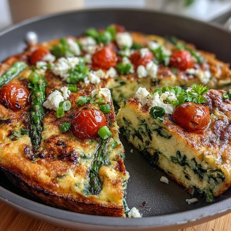 Bunter Frühlingsgemüse-Frittata mit zartem Spargel, Zucchini und Kirschtomaten, gebacken in einer goldgelben Eimischung.