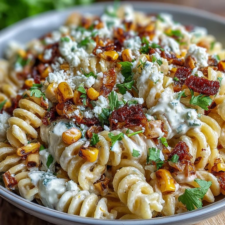Lebhafter Nudelsalat mit Cotija, Chili, Limette und süßem Mais als erfrischende Beilage.