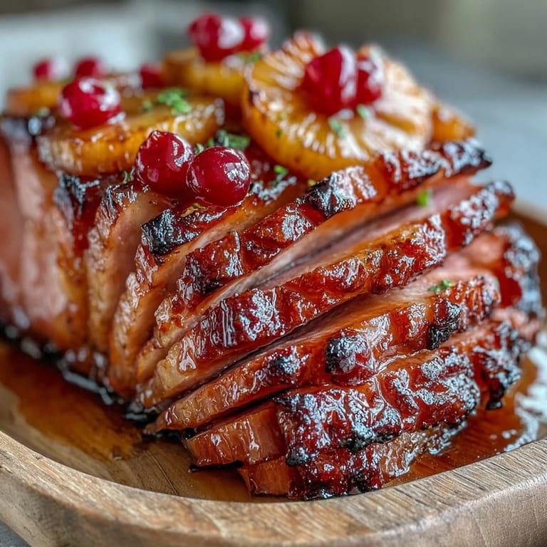 Festlicher Honey-Glazed-Ham mit Ananas: saftiger Schinken mit karamellisierter Honig-Braunzuckerglasur, garniert mit Ananas und Kirschen.