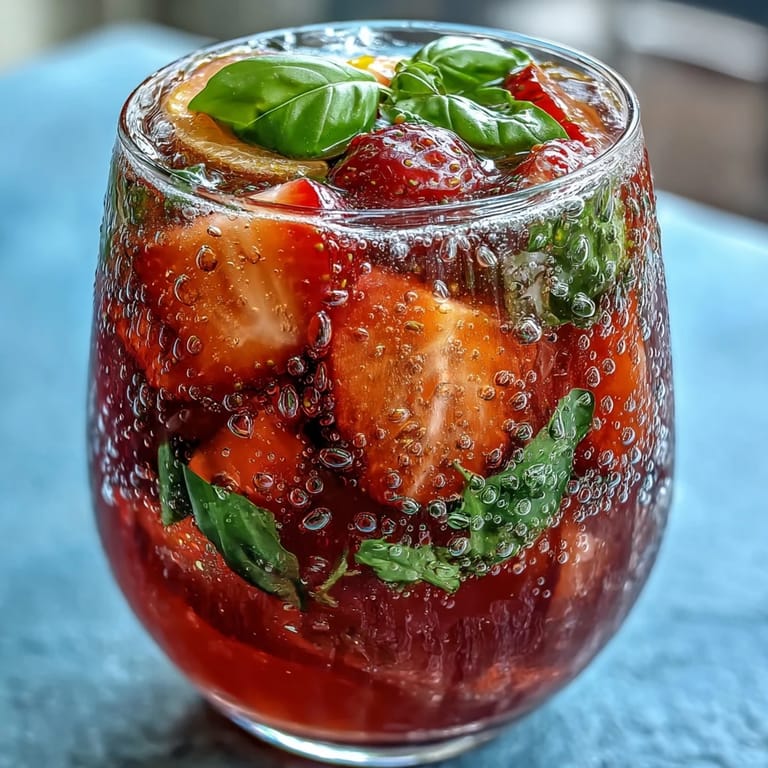 Bunter Sommerdrink mit Erdbeeren, Zitrusfrüchten und Basilikum, perfekt für heiße Tage.
