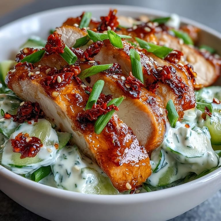 TikTok Chili-Crisp Cucumber Chicken Bowl garnished with fresh cilantro, sesame seeds, and chili crisp served over rice.