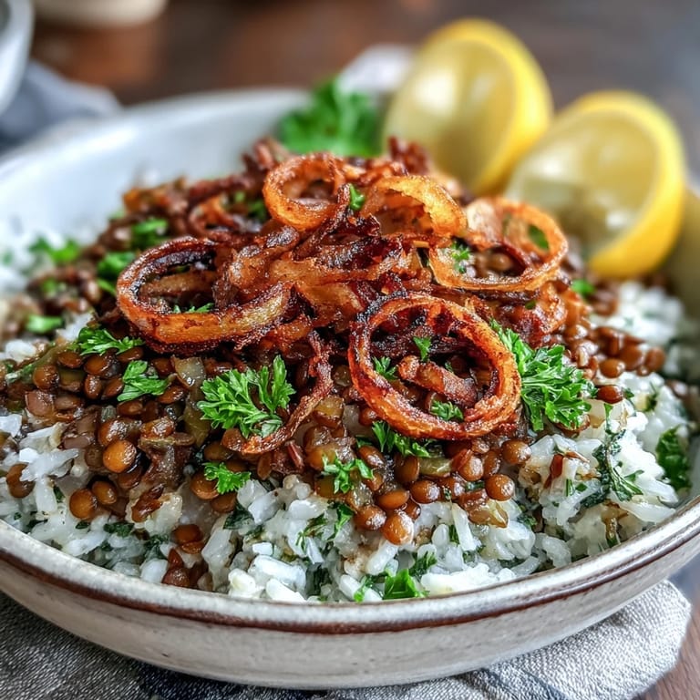 Vegane Linsen-Reis-Mahlzeit, überhäuft mit rustikalen, knusprig gebratenen Zwiebelringen.