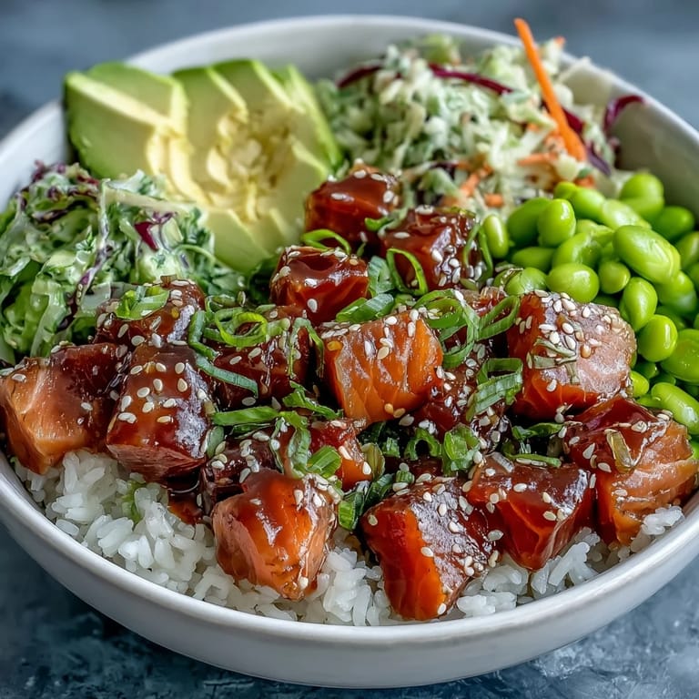 Genießen Sie diese köstliche Lachs Poke Bowl mit viel Gemüse und Reis.