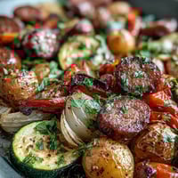 Röstaromen von Smoky Sheet Pan Sausage & Veggies auf einem Backblech, mit knusprigen Paprikastücken, Zucchinirunden und Wurst, serviert mit goldbrauner, knuspriger Naan zum Eintauchen.