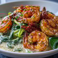 Keto Creamy Garlic Tuscan Shrimp with Zucchini Noodles in a rich cream sauce with spinach and sun-dried tomatoes.