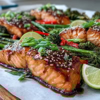 Golden-baked Sheet Pan Teriyaki Salmon fillets with roasted broccoli and snap peas on a sheet pan.