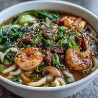 Mini Hot Pot Bowls mit aromatischer Brühe, zartem Fleisch und frischem Gemüse zum Selbergaren am Tisch.