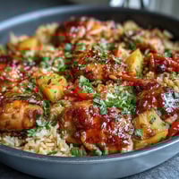 Bunter Ananas-Hähnchen-Reis-Pfanne mit Paprika, buntem Gemüse und saftiger Ananas in einer süß-herzhaften Soße.
